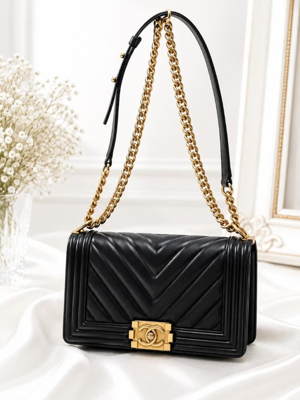 Authentic CHANEL Boy Bag Chevron Quilted Leather Gold Chain Shoulder Bag